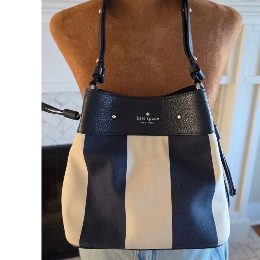 Kate Spade Blue White Canvas Leather Bucket Shoulder Bag